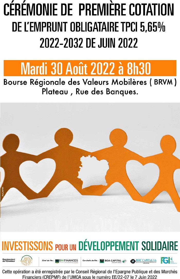 L’Emprunt Obligataire " TPCI 5,65 % 2022-2032" admis à la cote de la BRVM