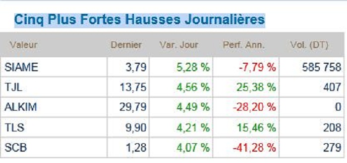 Cinq plus fortes hausses Journalières