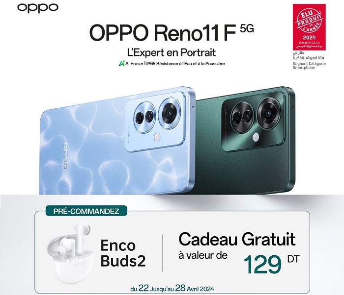 OPPO, la marque leader sur le marché mondial des appareils connectés, vient d’annoncer l’arrivée sur le marché tunisien, à partir du 29 avril 2024, de son dernier smartphone,Reno11 F 5G.