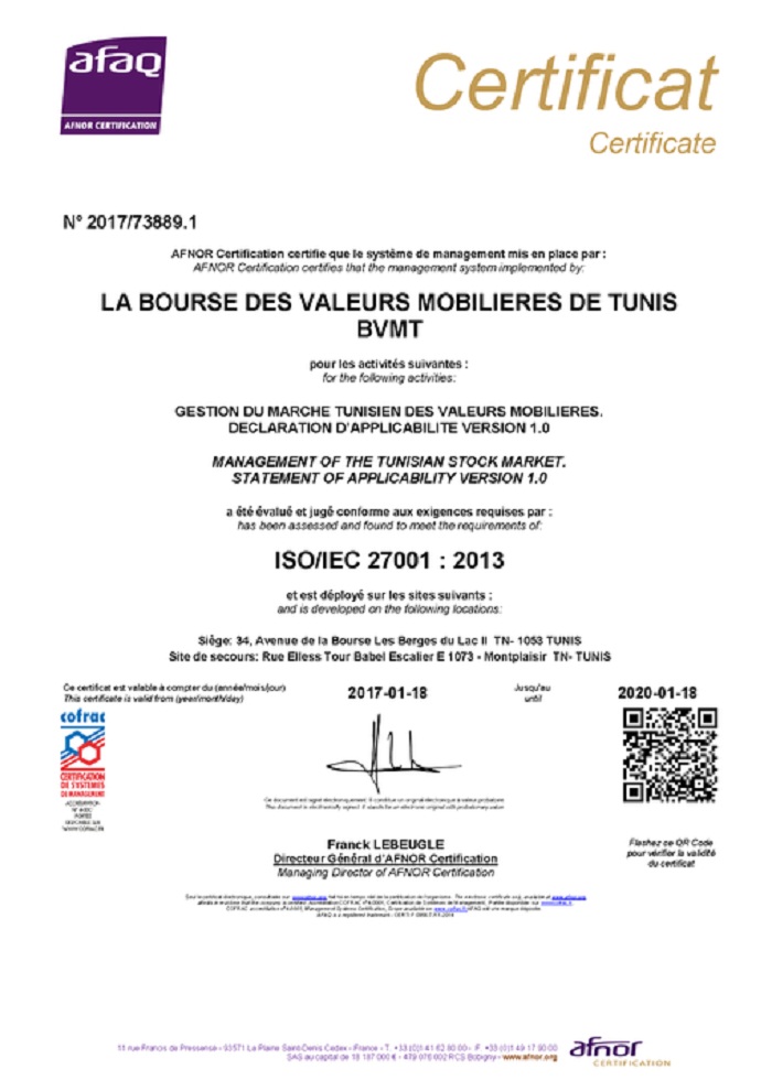 La Bourse de Tunis : Première Entreprise Tunisienne certifiée ISO 22301